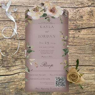 Boho Cream Roses Brown QR Code All In One Invitation