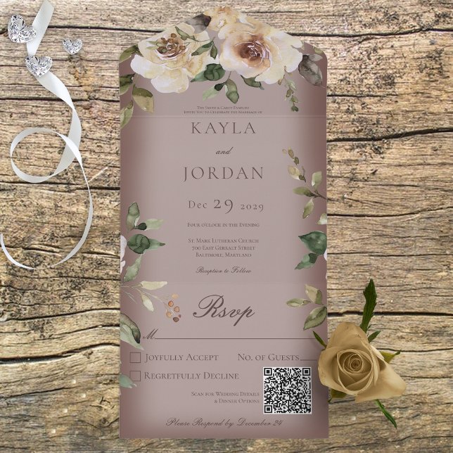 Boho Cream Roses Brown QR Code All In One Invitation (Creator Uploaded)