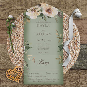 Boho Cream Roses Sage Green Dinner All In One Invitation