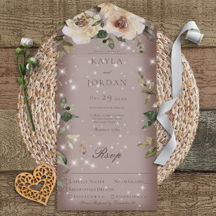 Boho Cream Roses Sparkle Brown All In One Invitation
