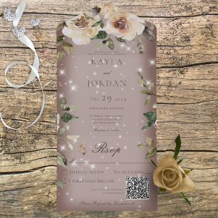 Boho Cream Roses Sparkle Brown QR Code All In One Invitation