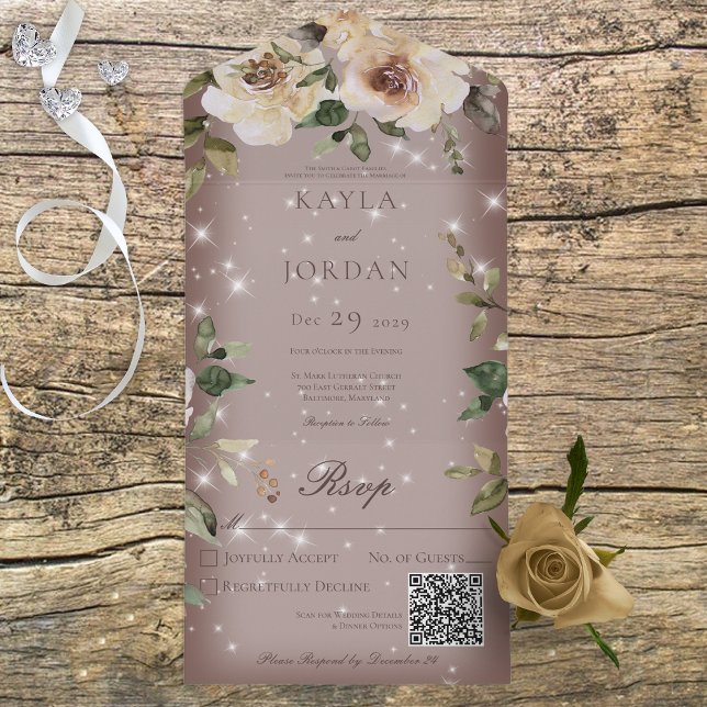 Boho Cream Roses Sparkle Brown QR Code All In One Invitation (Creator Uploaded)