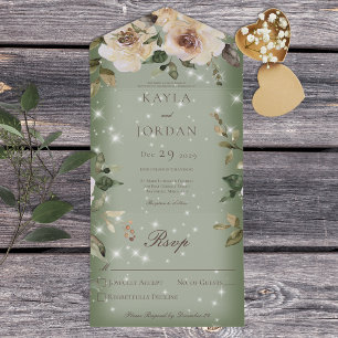Boho Cream Roses Sparkle Sage Green No Dinner All In One Invitation