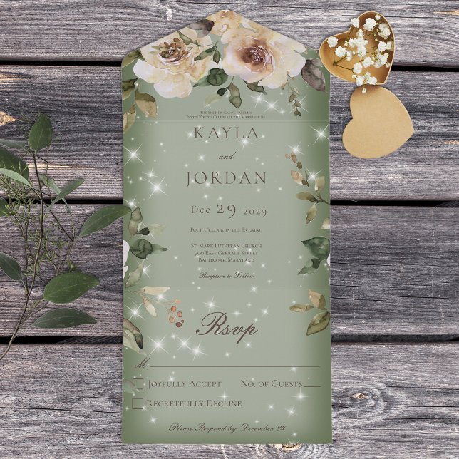 Boho Cream Roses Sparkle Sage Green No Dinner All In One Invitation (Creator Uploaded)