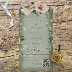 Boho Cream Roses Sparkle Sage Green QR Code All In One Invitation