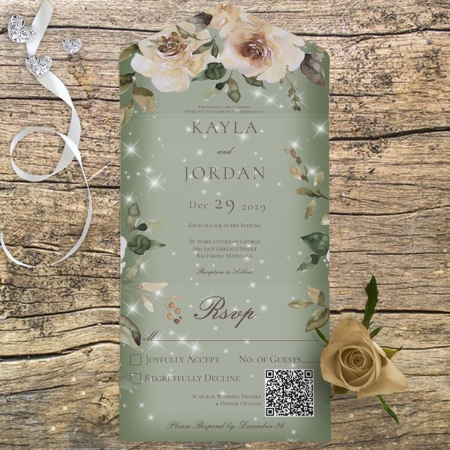Boho Cream Roses Sparkle Sage Green QR Code All In One Invitation (Creator Uploaded)