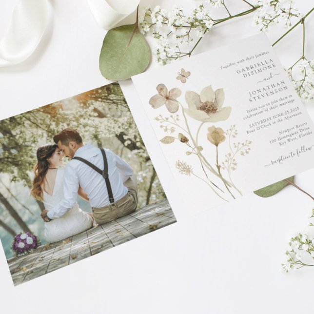 Boho Cream Watercolor Wildflowers Photo Wedding  Invitation (Creator Uploaded)