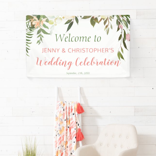Boho Creme Rose Wedding Reception Welcome Banner (Insitu)