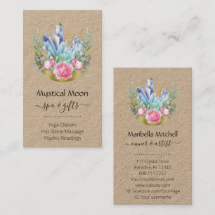 Boho Crescent Moon Crystal Cluster Pink Roses Chic Business Card