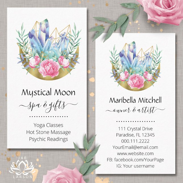 Boho Crescent Moon Crystal Cluster Pink Roses Chic Business Card (Creator Uploaded)