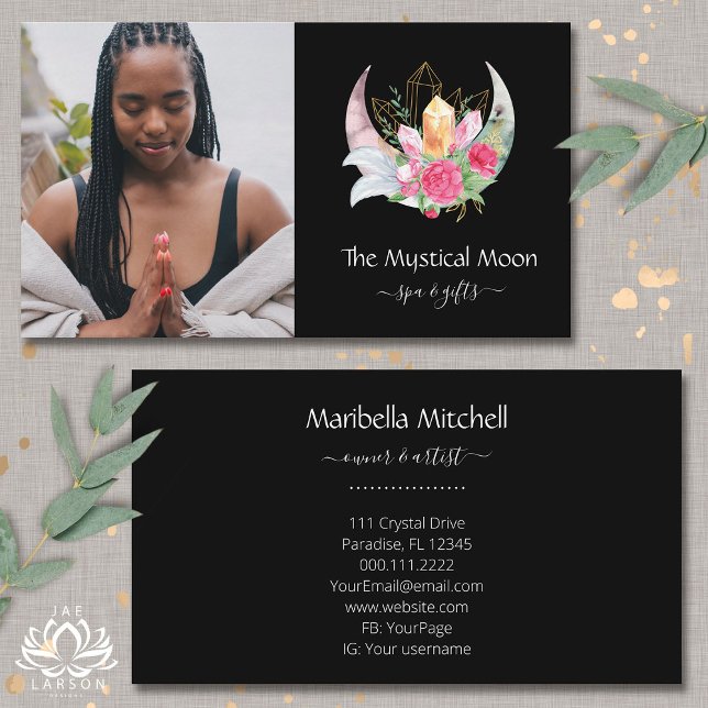 Boho Crescent Moon Crystals Feathers Flowers Photo Business Card (Creator Uploaded)