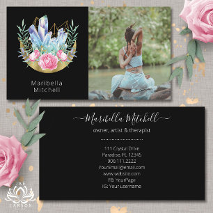 Boho Crescent Moon Crystals Pink Roses Photo Business Card