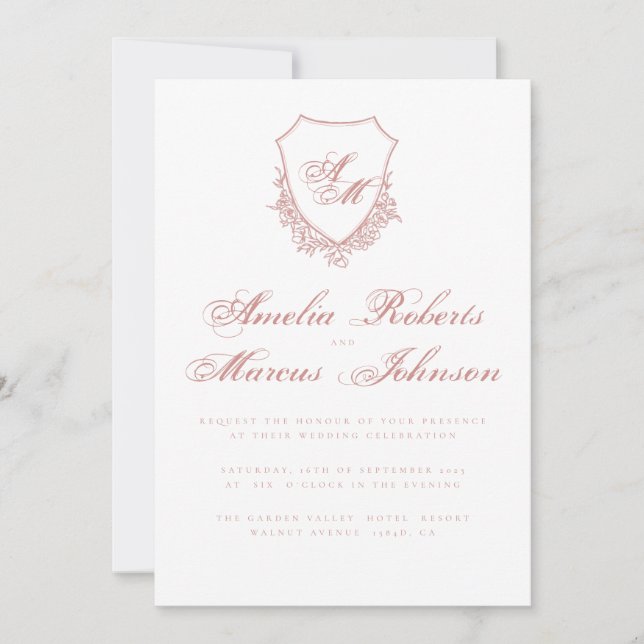 Boho Crest Blush Pink Wedding Invitation Fine Art  (Front)