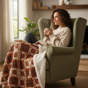 Boho Crochet Granny Square Retro Floral Sherpa Blanket