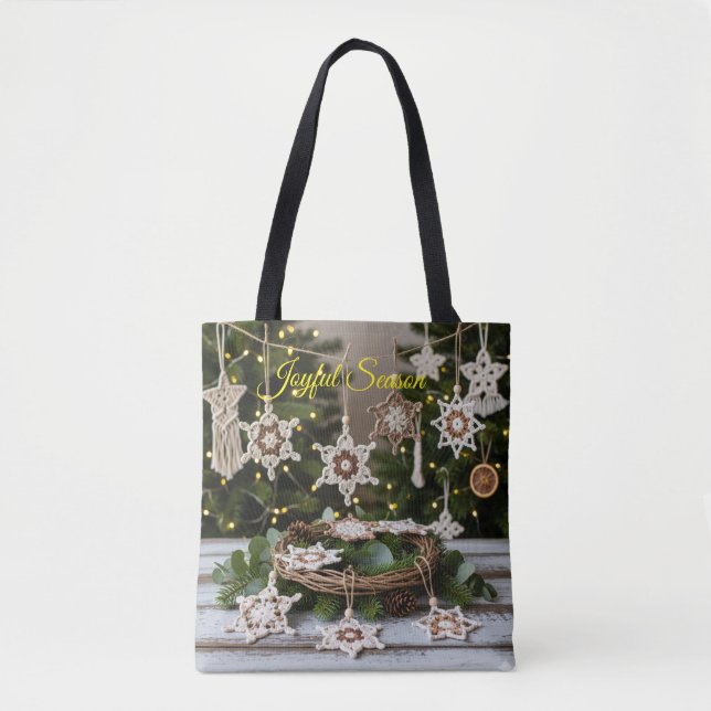 Boho Crochet Snowflake Christmas Tote Bag (Front)