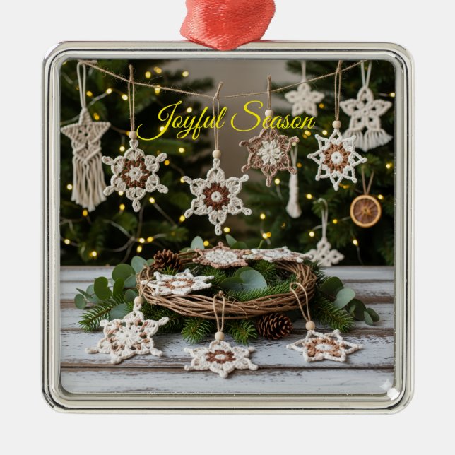 Boho Crochet Snowflake Metallic Christmas Ornament (Front)