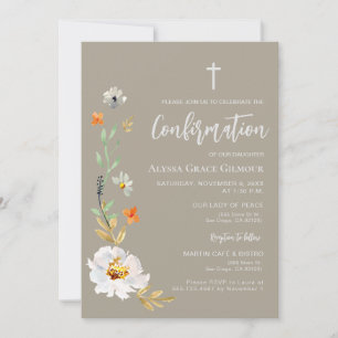 Boho Cross Girl Confirmation Watercolor flowers Invitation