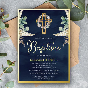 Boho Cross Pampas Eucalyptus Baptism Navy Gold