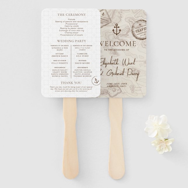 Boho Cruise Destination Wedding Program Hand Fan (Front and Back)