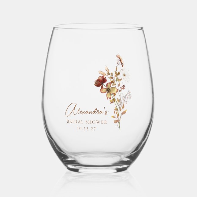 Boho Custom Earthy Nature Botanical Bridal Shower  Stemless Wine Glass (Front)