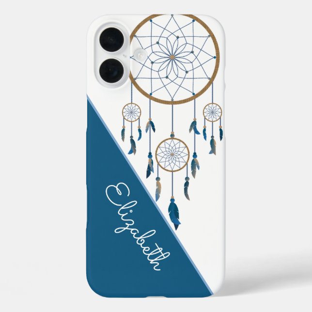 Boho Custom Name Dreamcatcher Blue White Feathers Case-Mate iPhone Case (Back)