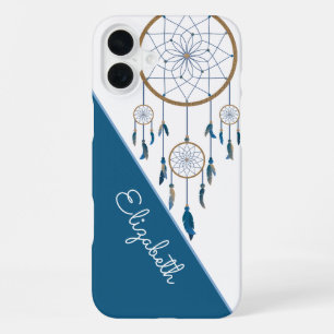 Boho Custom Name Dreamcatcher Blue White Feathers iPhone 16 Plus Case