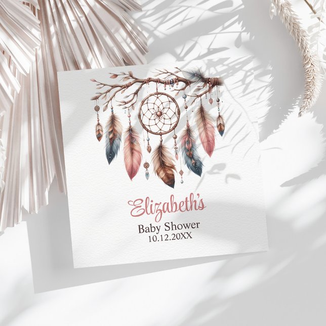 Boho Custom Name Dreamcather Baby Shower Napkin (Boho Custom Name Dreamcather Baby Shower Napkins on a sunny table with white dry palm leaf.)