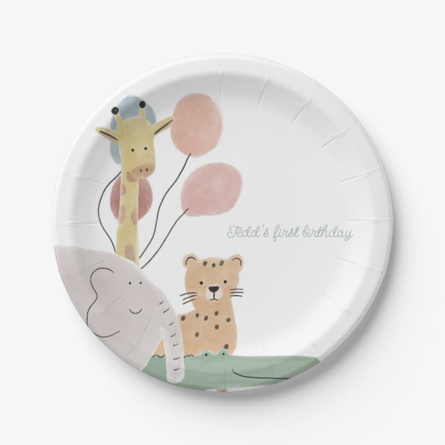 Boho Cute Animal Birthday Party Paper Plate (Front)