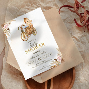 Boho Cute Baby Bicycle Watercolor Baby Shower Invitation