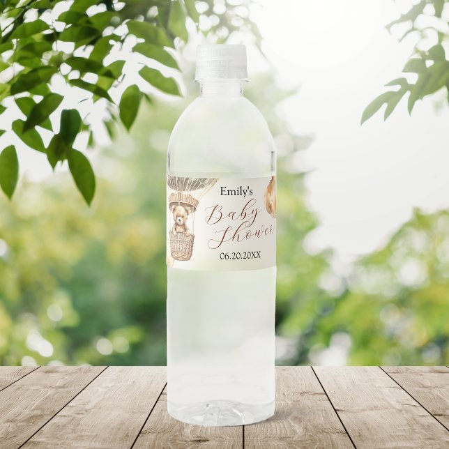 Boho Cute Bear Air Balloon Clouds Baby Shower Water Bottle Label (Boho Cute Bear Air Balloon Clouds Baby Shower Water Bottle Label)