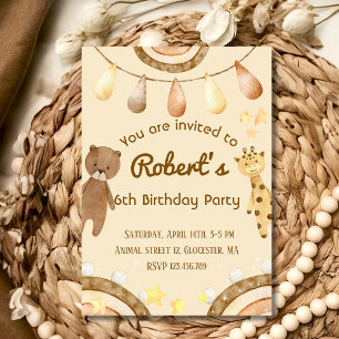 Boho cute Bear and Giraffe Birthday Invitation