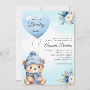 Boho Cute Boy Teddy Bear Blue Balloon Baby Shower Invitation