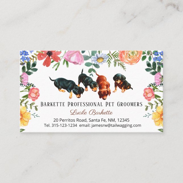 Boho Cute Dachshund Pet Grooming Wildflowers Business Card (Front)