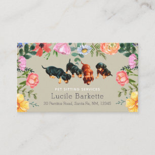 Boho Cute Dachshund Pet Sitting Wildflowers Beige Business Card