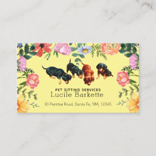 Boho Cute Dachshund Pet Sitting Wildflowers Yellow Business Card