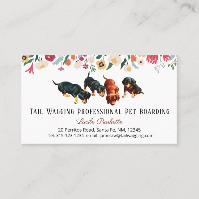 Boho Cute Dachshund Pups Pet Boarding Floral Business Card (Front)
