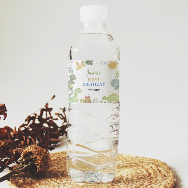Boho Cute Dinosaurs Birthday Water Bottle Label (Creator Uploaded)