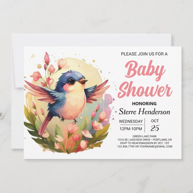 Boho Cute Elegant Bird Baby Shower Invitation (Front)
