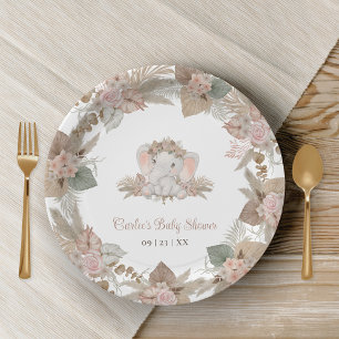 Boho Cute Elephant Gender Neutral Baby Shower Paper Plate