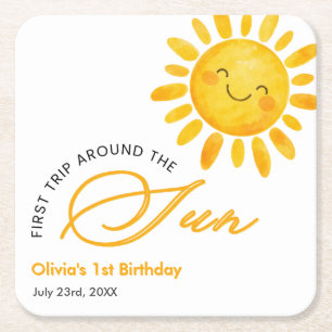 Boho Cute First Trip Around the Sun 1st Birthday Square Paper Coaster