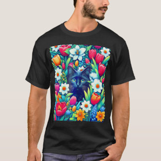 Boho Cute Floral Black Cat Hiding In Spring Flower T-Shirt