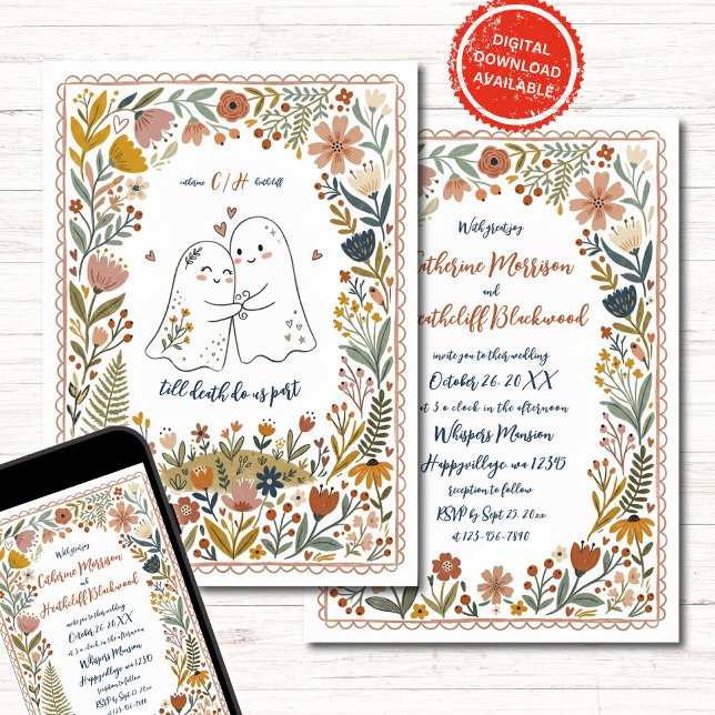 Boho Cute Ghosts Wedding Invitation (Creator Uploaded)