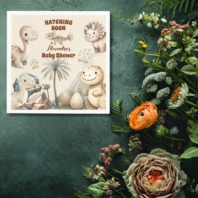 Boho Cute Hatching Soon Dinosaur Baby Shower Napkin (Creator Uploaded)