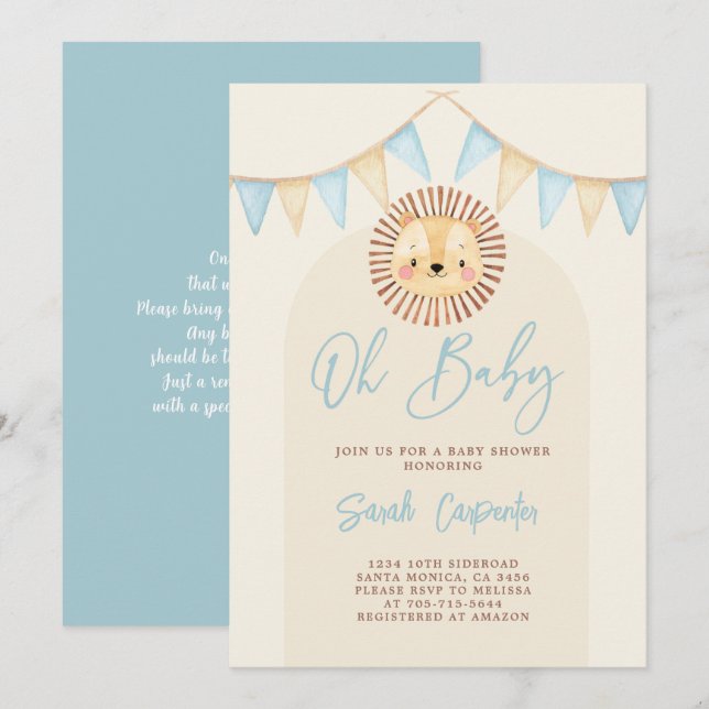 Boho Cute Lion Baby Shower Boy Invitation (Front/Back)