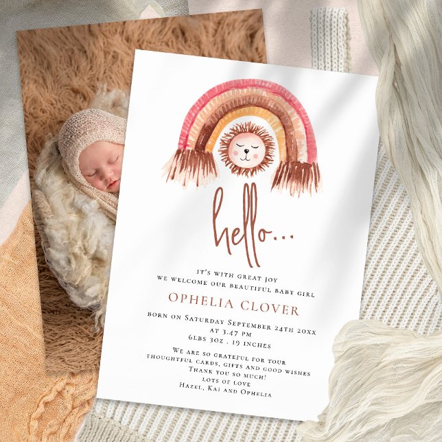 Boho Cute Lion Rainbow Birth Announcement (Creator Uploaded)