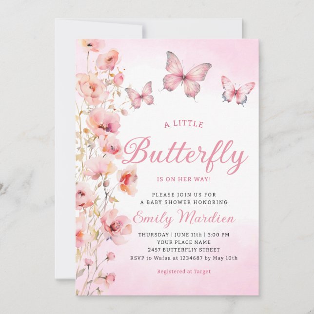Boho Cute Pink Floral Butterfly Girl Baby Shower Invitation (Front)