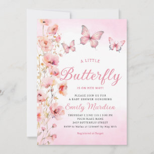 Boho Cute Pink Floral Butterfly Girl Baby Shower Invitation
