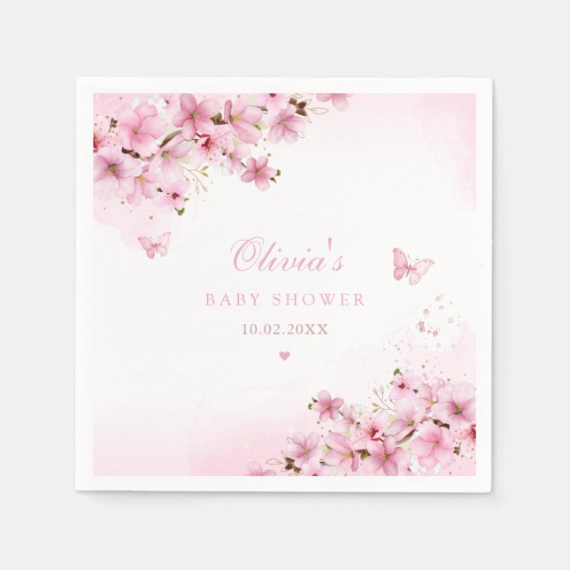 Boho Cute Pink Floral Butterfly Girl Baby Shower Napkin (Front)