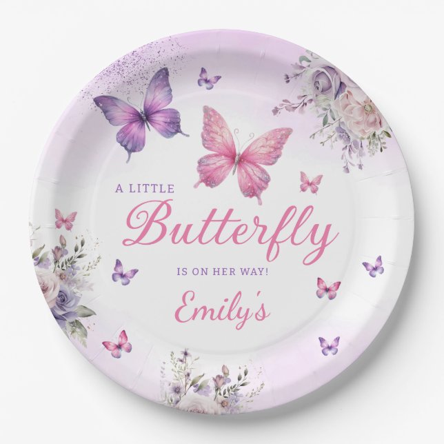 Boho Cute Purple Butterfly Floral Girl baby Shower Paper Plate (Front)