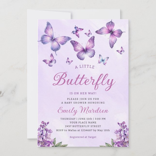 Boho Cute Purple Floral Butterfly Girl Baby Shower Invitation (Front)